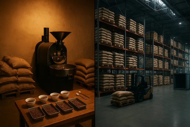 Split-screen comparison of a small specialty roastery and a large industrial coffee warehouse, highlighting visual differences between artisanal roasting and commodity logistics.