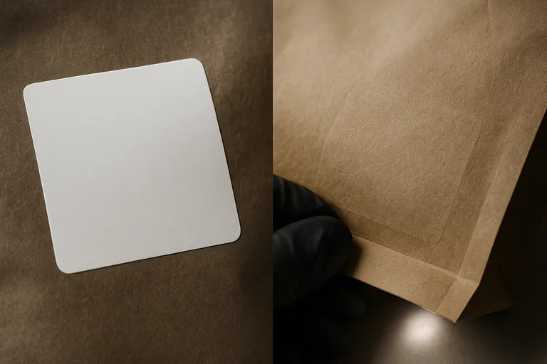 Split-screen macro showing a clear, high-contrast marking area on a white sticker versus a faint, low-contrast marking area partly hidden under a coffee bag’s bottom gusset, with a flashlight beam and a gloved hand lifting the fold.