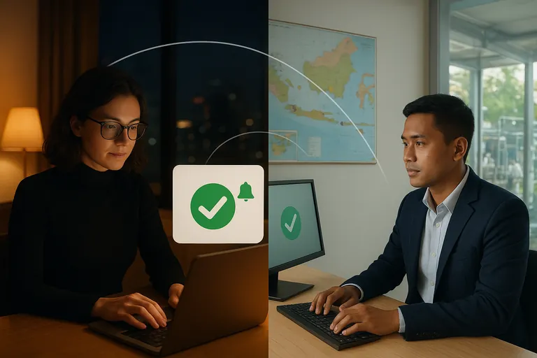 Split-screen scene: at night a U.S.-based agent accepts on a laptop, while by day in Indonesia a facility manager reviews a screen showing acceptance; warm and cool lighting contrast emphasizes time zone coordination.