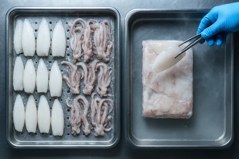 Split-view comparison showing IQF squid pieces with thin glaze on a tray versus a thawing block-frozen slab releasing meltwater into a pan, with a gloved hand lifting a piece with tongs.
