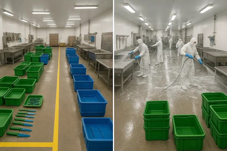 Split-view of shrimp processing showing physical segregation on the left with green and blue equipment kept in separate zones, and time segregation on the right with sanitation in progress and the line prepared for the first run.