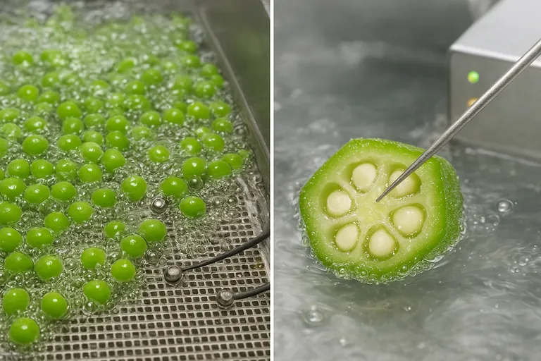 Split view showing thermocouple placement during blanching: bead sensors among peas at the belt center and near the sidewall, and a fine needle probe inserted into the center of a submerged okra slice