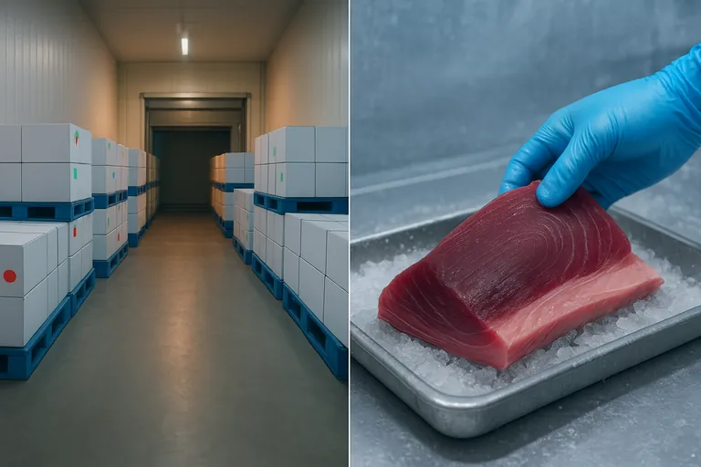 Split visual: a cold-room aisle with pallets of tuna cartons highlighted at corners and near the door, and a close-up of a tuna loin showing dark muscle by the bloodline and belly area being selected on ice.