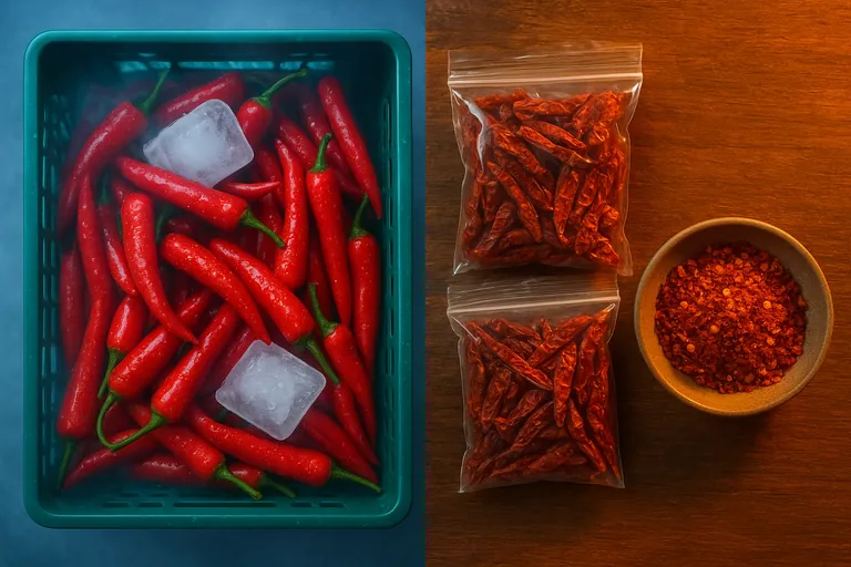 Split visual: on the left, fresh red chillies with ice packs in a crate under cool bluish light; on the right, dried whole chillies and crushed flakes in bags under warm amber light.