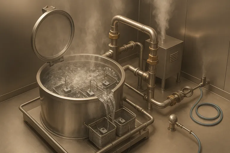 Autoclave en acier inoxydable pendant la kashérisation par ébullition : eau à ébullition débordante atteignant les bords et les évents, enregistreurs thermocouples clipsés aux points froids, avec tuyauterie vapeur environnante montrant des clapets anti‑retour et une purge de chaudière en arrière‑plan.