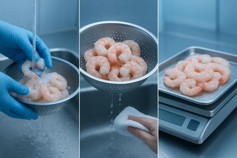 Step-by-step deglazing test shown as a clean triptych: rinsing shrimp in cool water, draining and blotting, then weighing on a bench scale.