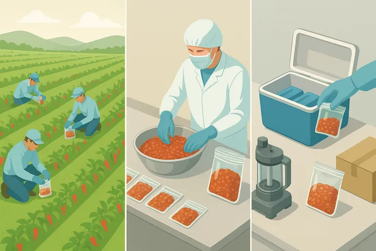 Step-by-step visual of chili residue sampling: field collection from multiple points, composite mixing and homogenization, then splitting with one portion placed into a chilled cooler as a retained duplicate.