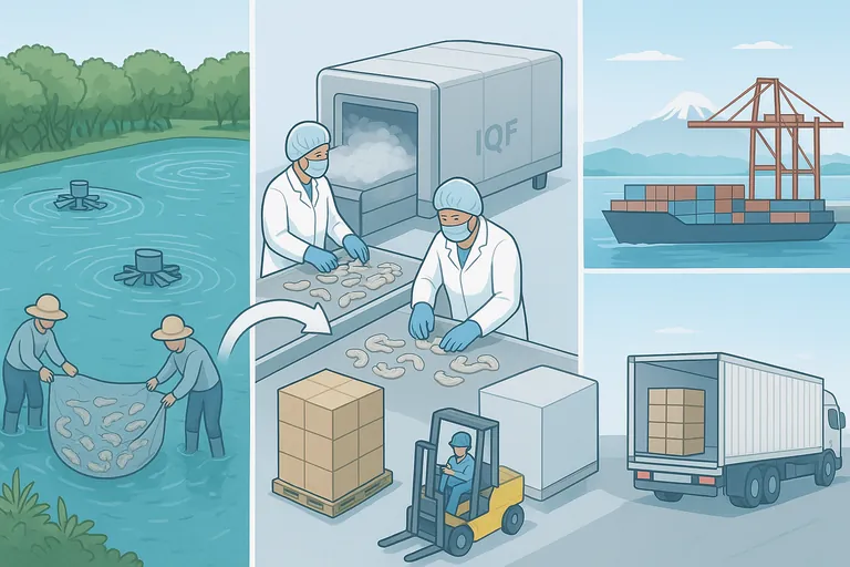 Step-by-step visual sequence from Indonesian shrimp ponds to a processing plant and into a sealed refrigerated container loaded onto a ship approaching a Japanese port, illustrating farm-to-plant traceability.
