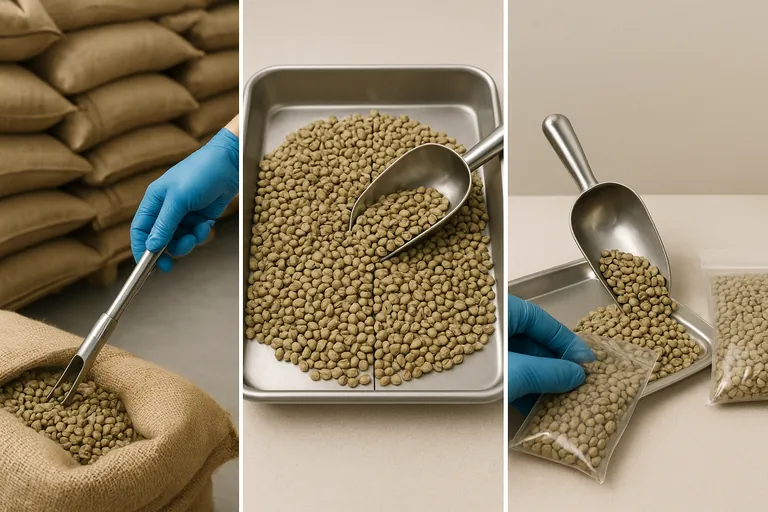 Step‑by‑step visual of coffee sampling: a technician uses a trier across a stack of jute sacks, mixes beans on a tray and divides the composite, then seals a food‑grade bag with a tamper seal while keeping a second retained sample.