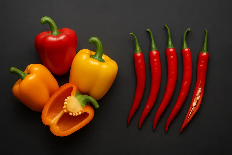 Studio comparison of sweet bell peppers and hot red chilies side by side on a dark surface, showing their different shapes and wall thickness with a few cross-sections.