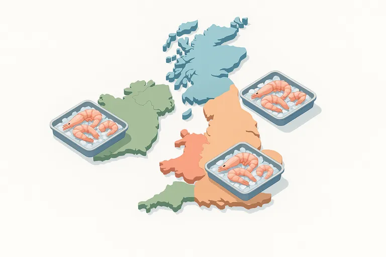 स्टाइलाइज़्ड यूके मानचित्र जिसमें इंग्लैंड, स्कॉटलैंड, वेल्स और उत्तरी आयरलैंड अलग रंगों में हैं और प्रत्येक क्षेत्र पर ठंडे ट्रे में रखे झींगे दर्शाए गए हैं, जो राष्ट्र‑विशिष्ट नियमों को व्यक्त करता है।