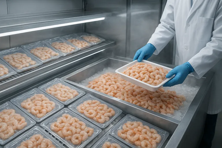 Supermarket seafood section showing both vacuum-sealed packs of raw shrimp in a chilled case and a service counter with shrimp on ice, with a staff member in blue gloves arranging trays.