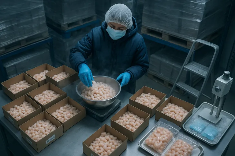 Technician in a cold room combining portions of shrimp from multiple cartons into a stainless bowl on a scale to form a 1 kg composite sample, with pallet stacks visible at different rack levels.