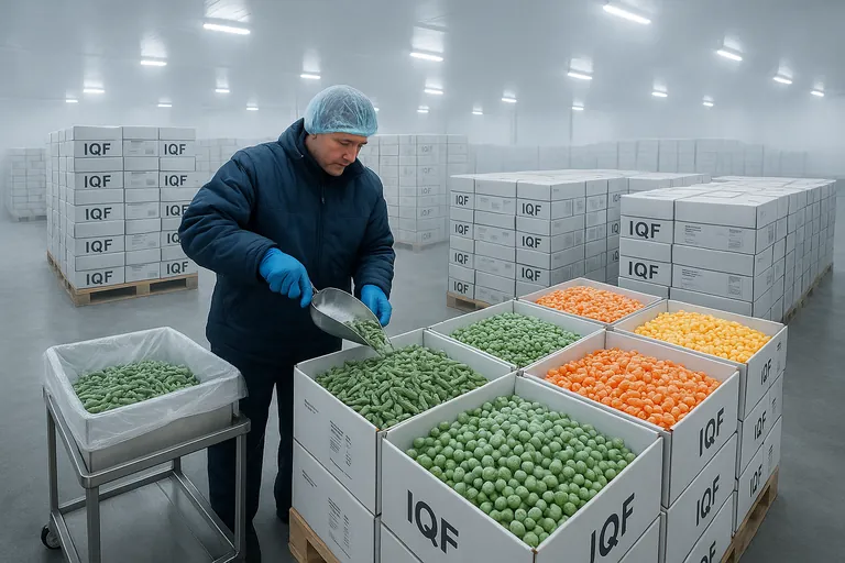 Technician in a cold store collecting incremental samples from multiple pallets at top, middle, and bottom layers to make a composite sample of IQF vegetables