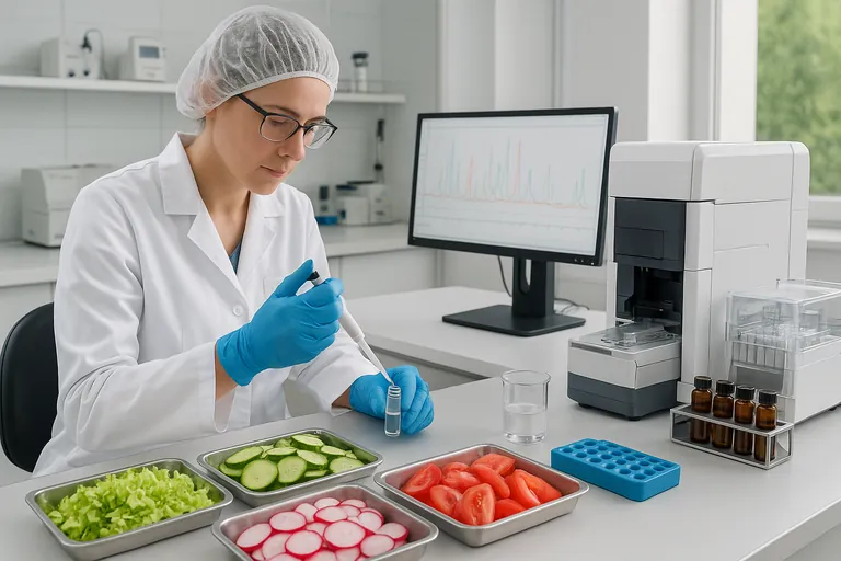 一名食品安全实验室技术员在 LC‑MS 仪器旁对蔬菜样品进行农药残留（MRL）检测准备。