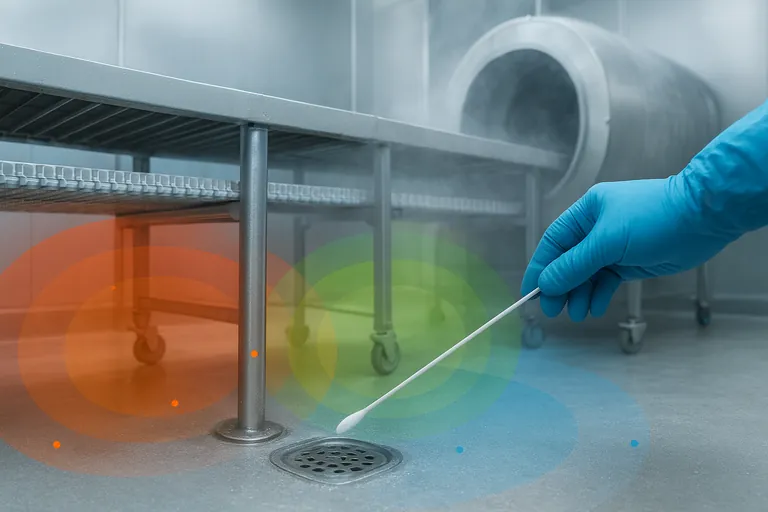 Technician swabbing near a floor drain beside IQF equipment, with translucent color overlays indicating sanitation monitoring zones and sampling points.