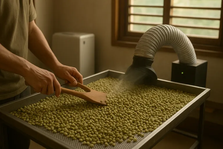Thin-layer re-drying setup: green coffee beans spread a few centimeters thick on perforated trays while a ducted fan sweeps gentle warm air across the surface; a compact dehumidifier in the background and a worker turning beans with a wooden paddle.