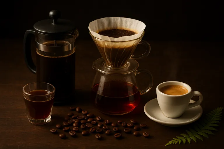 Three brew methods on a wooden table: a French press with dark, opaque coffee, a V60 carafe with clear amber coffee, and a demitasse of espresso crowned with thick crema, with scattered roasted beans and fern leaves.
