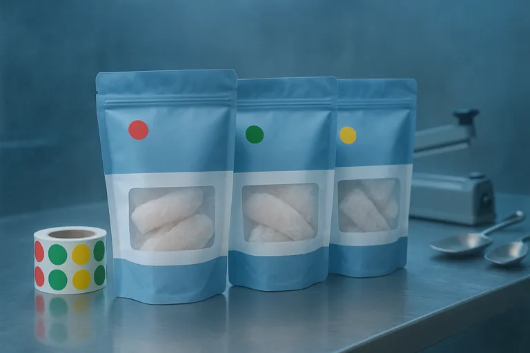 Three identical seafood pouches using the same design, each marked by a different small colored dot to differentiate products; frozen white fish portions are visible through a matte window, with a roll of colored dots on a stainless packing table.
