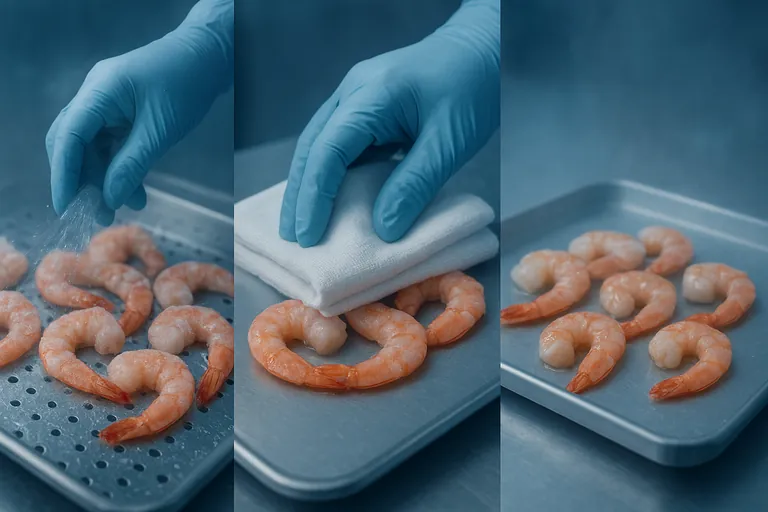 Three-panel close-up sequence of the deglazing workflow: cold-water rinse removing surface ice from shrimp, gentle blotting with white lint-free towels, and placing deglazed shrimp on a stainless scale in a cold room.