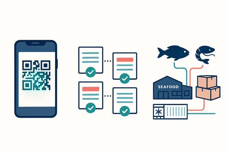 Three-panel illustration: a phone scanning a QR code, papers aligned with matching markers, and a processing plant connected to a reefer container and cartons with paths leading to fish and shrimp icons, representing authenticity, consistency, and traceability.