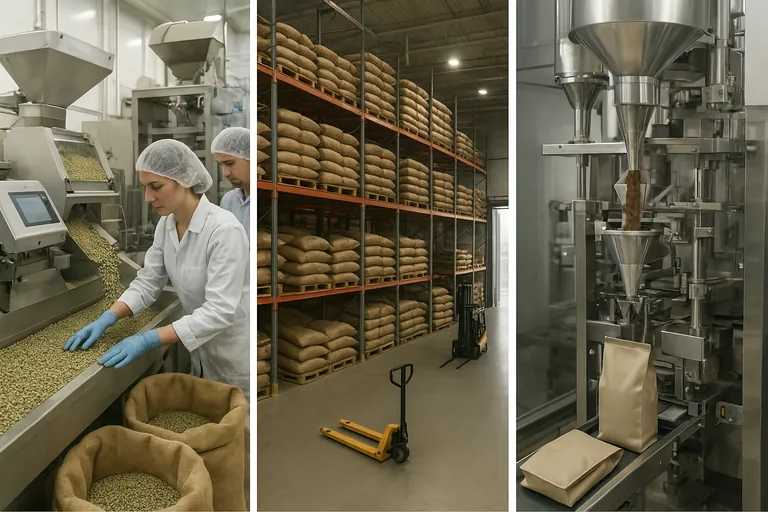 Three-panel image showing coffee processing, warehouse storage and transport, and a packaging line—illustrating how production, storage/transport, and packaging align for coffee compliance.