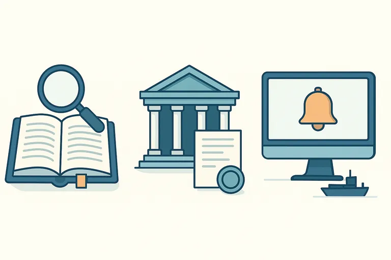 Three-panel minimalist illustration showing a magnifying glass over an open reference book, a classical government building with documents behind it, and a desktop computer with a notification bell and a cargo ship silhouette, symbolizing the three official checkpoints.