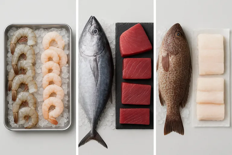 Three-panel overhead comparison of seafood product forms: tray of headless shell-on shrimp beside peeled, deveined tail-off shrimp; whole round tuna on ice beside neatly cut tuna loins and saku blocks; whole reef fish beside portioned white fillets. Neutral, clinical presentation emphasizing differences in form and processing.