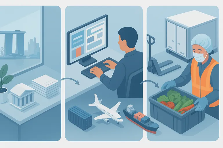 Three-panel visual of the compliant pathway: a Singapore office scene, a customs permit submission workstation, and a warehouse inspection of fresh vegetables, linked by arrows.