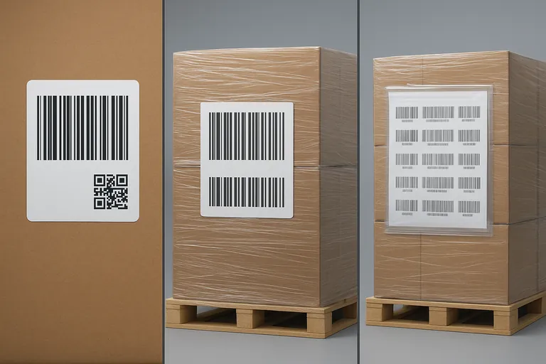 Three-panel visual: top-right placement of a barcode sticker on a seafood case, the same code repeated on a single-lot pallet card, and a mixed-lot pallet with a clear pouch holding a manifest of barcode-only pages.