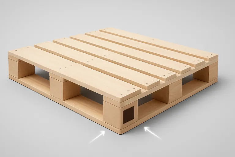 Three-quarter view of a wooden pallet on a neutral background with two opposite sides showing dark rectangular brand marks, highlighted to indicate the requirement for marks on opposing faces; wood is clean, debarked, and free of defects.