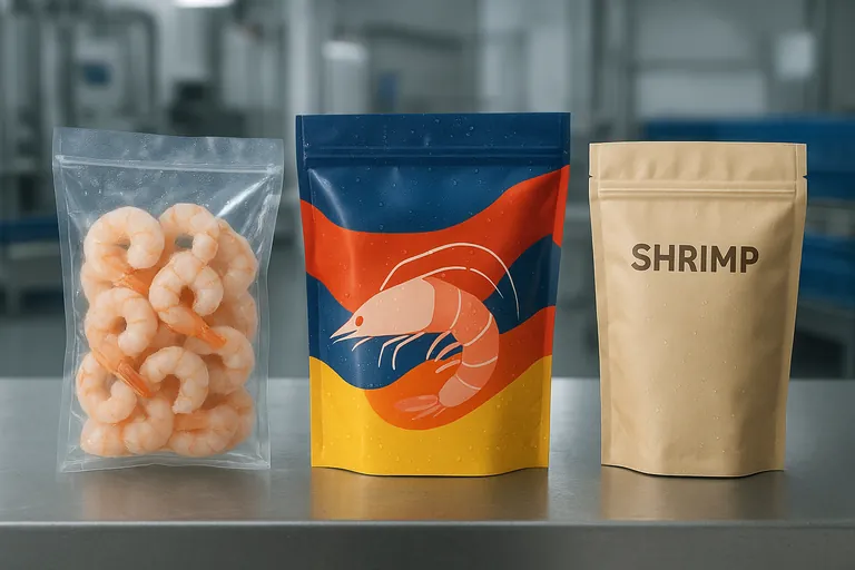 Three shrimp retail pouch formats—clear vacuum, colorful printed, and matte stand-up zipper—arranged on a stainless table in a chilled processing room, with the production line softly blurred behind them.