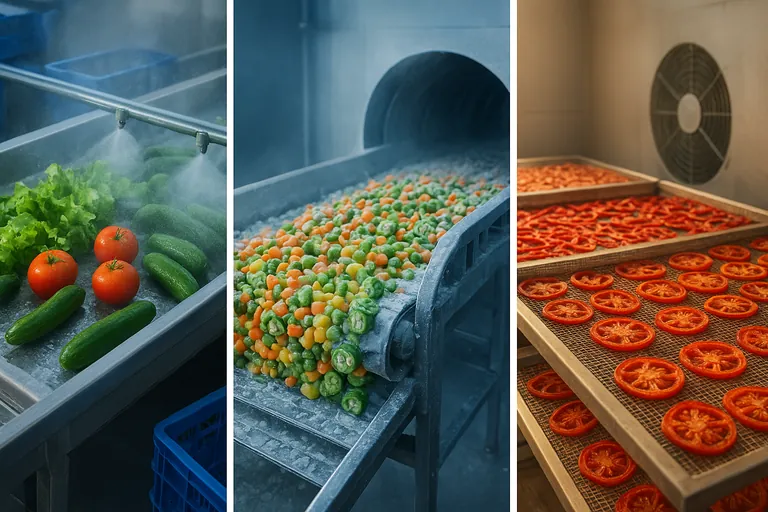 Три рядом расположенные фотографии: свежие овощи на мойке, овощи, попадающие в IQF‑морозильник, и нарезанные овощи, сушащиеся на сетчатых поддонах.