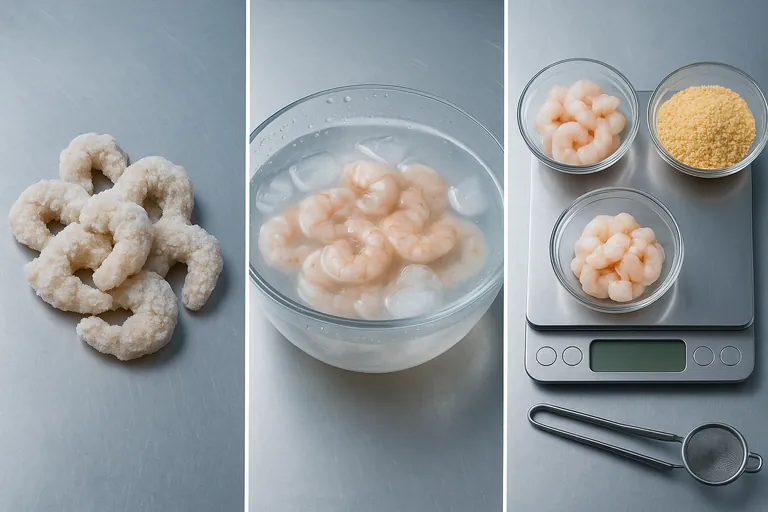 Three-stage visual on a lab bench: frozen glazed breaded shrimp, shrimp deglazing in a clear water bath, and separated edible shrimp meat, crumbs, and tail shells being weighed in clear bowls with QC tools nearby.