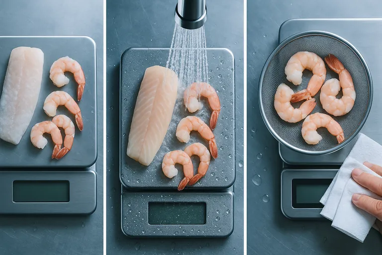 Three-step deglazing demonstration: frozen glazed seafood weighed, then rinsed under a fine cold spray without thawing, then drained and blotted before reweighing.