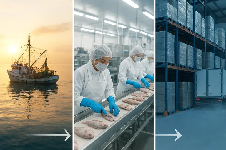 Three-step visual chain of custody for seafood: a factory fishing vessel at sea, a land-based processing line with workers filleting fish, and a cold storage warehouse with pallets and a reefer truck, linked by subtle arrows indicating flow.