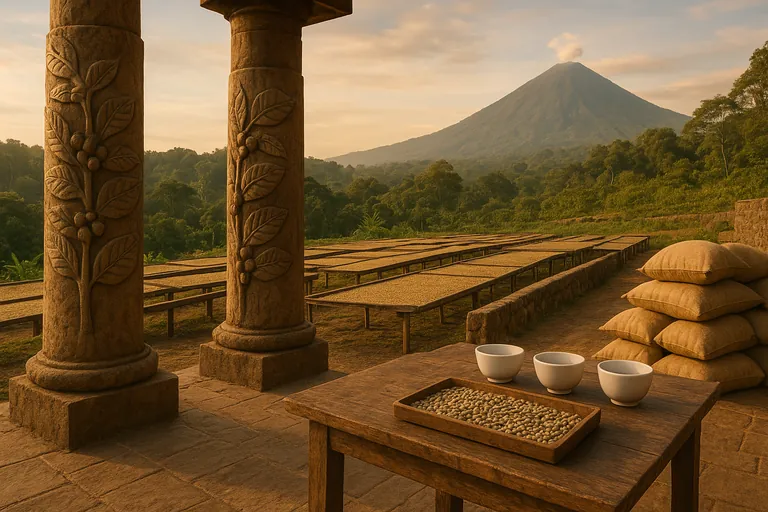 Three stone pillars carved with coffee leaves and cherries stand on a patio beside a cupping setup, with green coffee sacks and an Indonesian highland landscape and volcano in the background at golden hour.