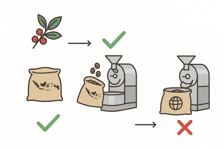 Three‑panel visual decision diagram for coffee origin: left shows Indonesian green coffee (beans and a map silhouette of Indonesia on a sack) with a green check; middle shows an industrial roaster fed with Indonesian‑origin beans with a green check; right shows a roaster fed with a sack marked by a globe icon with a red cross, indicating GSP should not be claimed when using imported beans.