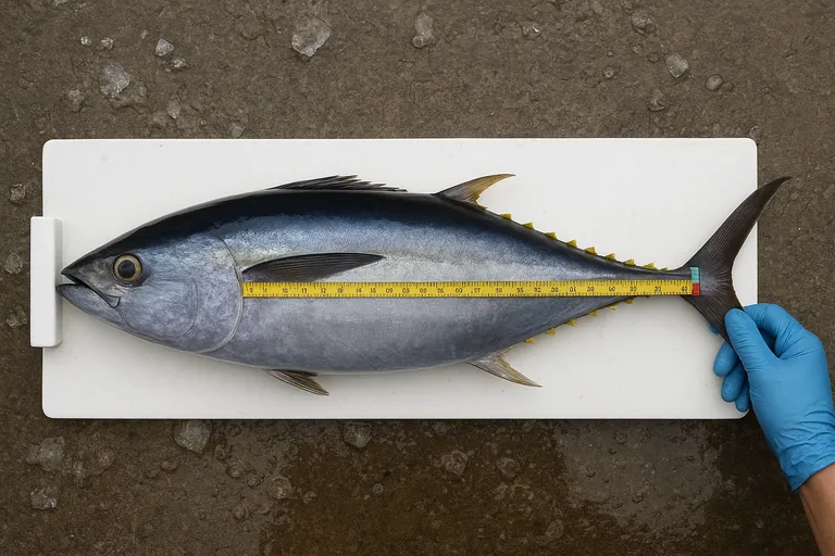 Top-down close-up of a yellowfin tuna being measured snout-to-fork on a fish board by gloved hands, with a colored tag near the tail and crushed ice on a wet dock surface.