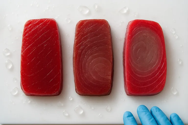 مقارنة من الأعلى لثلاثة مقاطع عرضية للتونة: واحدة حمراء كرزية موحدة في كل مكان، واحدة بتدرج طبيعي من الأحمر إلى البني نحو اللب، وواحدة بحلقة حمراء زاهية حول مركز أبهت.