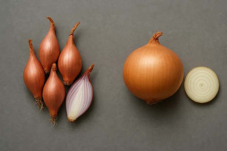 Top-down comparison showing a clustered group of small, elongated reddish-purple shallots with one sliced lengthwise to reveal multiple clove-like segments, beside a single large round brown onion with one cross-section slice showing continuous concentric rings.