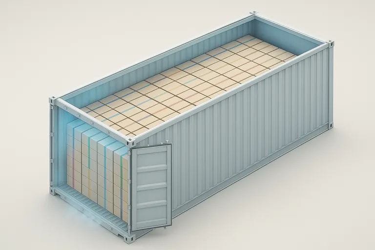 Top-down cutaway of a 40‑foot reefer, roof removed, showing floor‑loaded uniform cartons arranged in distinct color‑coded blocks to represent multiple SKUs, with a cool, frosty glow near the open doors.