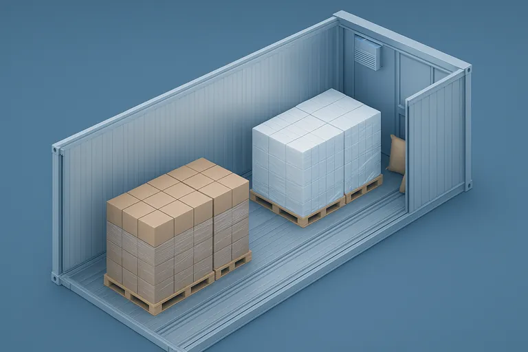 Top-down cutaway of a reefer showing tuna pallets near the machinery end, an empty buffer row, and squid pallets near the doors, with sidewall gaps, headspace, and T‑floor channels visible.