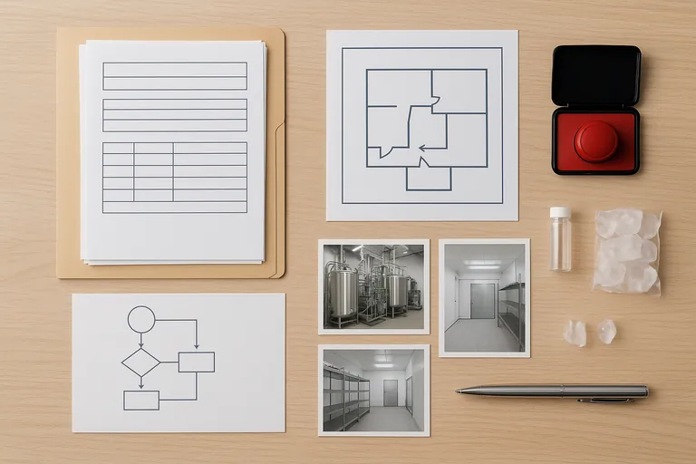 উপর থেকে নিচের দিকে পুরো ধরনের সুন্দরভাবে সংগঠিত নিবন্ধন ডসিয়ে: ফোল্ডার, শূন্য অফিসিয়াল ফরম, একটি সাধারণ তলাতলা পরিকল্পনা ব্লুপ্রিন্ট, প্রক্রিয়া ফ্লো ডায়াগ্রাম, প্রসেসিং এলাকার ফটো প্রিন্ট, একটি লাল বৃত্তাকার মুদ্রা, কলম এবং কয়েকটি ল্যাব নমুনা ভায়াল।