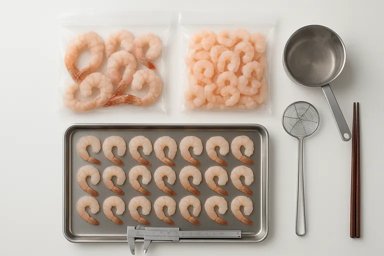 Top-down flat lay of a shrimp sample kit: clear unlabeled bags of frozen tail-on and peeled shrimp, a stainless tray with evenly arranged raw shrimp, calipers measuring a shrimp, and a small steaming saucepan with a wire skimmer and chopsticks.