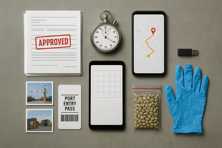 Top-down flat lay of an organized evidence pack: printed forms with red official stamp marks, an analog stopwatch, a smartphone displaying a map route with location pins, a tablet showing a clean calendar grid, a port entry pass card with barcode stripes, photo prints of a closed port gate barrier, and a small clear pouch of green coffee beans with a zip tie on a concrete surface.