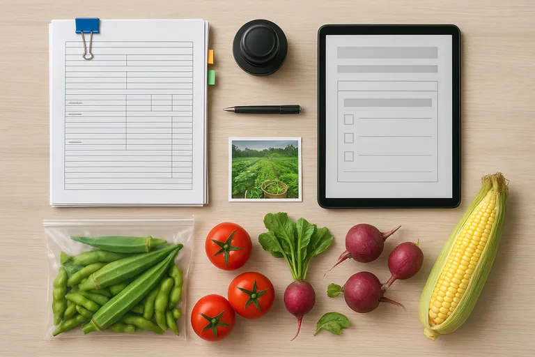 Top-down flat-lay of an organized export document pack with unlabeled forms, a stamp, a tablet showing a blank form layout, and fresh vegetables including tomatoes, radishes, okra, edamame, and corn.