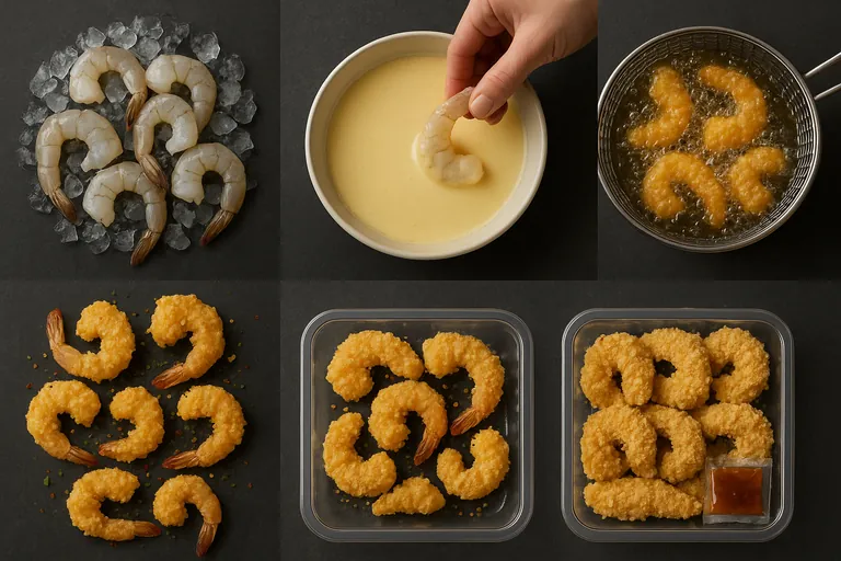 Top-down grid of five mini-scenes showing shrimp dipped in batter, fried in oil, seasoned, packed with a sauce sachet, and plain boiled/raw on ice to visualize key decision points.