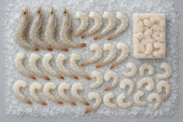 Top-down image on crushed ice showing different shrimp forms side by side: head‑on shell‑on, headless shell‑on, peeled undeveined, peeled deveined tail‑on, and tail‑off, plus a rectangular frozen block next to a scattered layout representing IQF pieces.