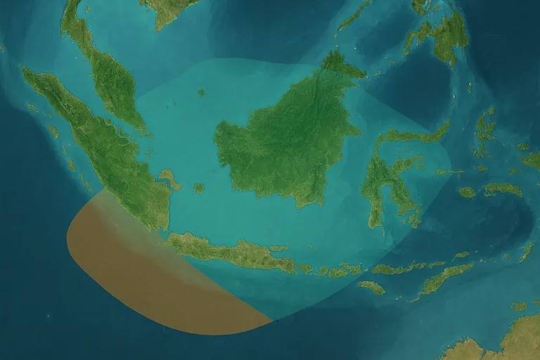 Top-down map of Indonesia with two colored overlays: teal across central and eastern seas (Java Sea, Makassar Strait, Bone Gulf, Natuna/Karimata) and amber along the west of Sumatra and the Indian Ocean side of Java, illustrating FAO Areas 71 and 57.